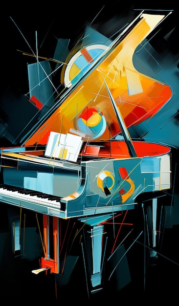 pintura de um piano de cauda com uma IA generativa de design abstrato colorido