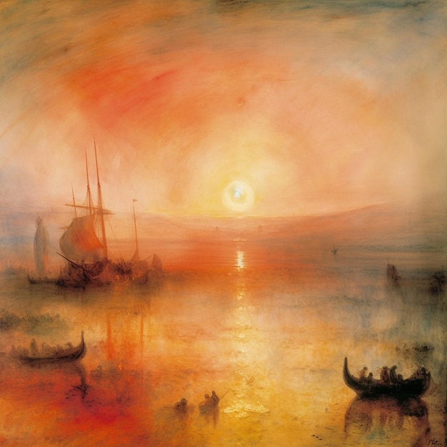 Pintura de um pôr do sol com barcos na água e um barco na água generativa ai