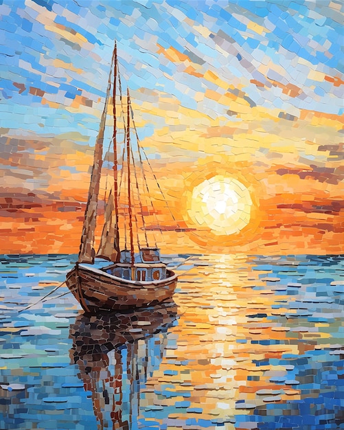 Pintura de um pôr-do-sol com barcos na água