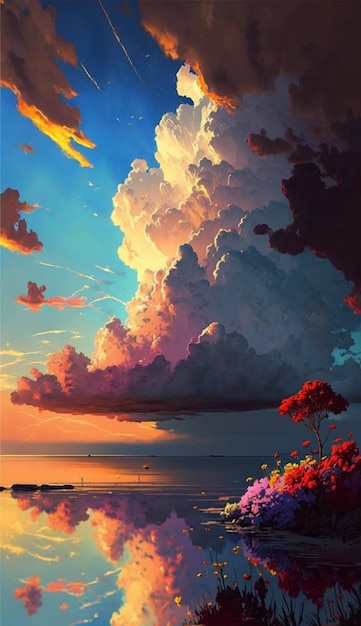 pintura de um pôr do sol com nuvens e flores refletindo na água generativa ai