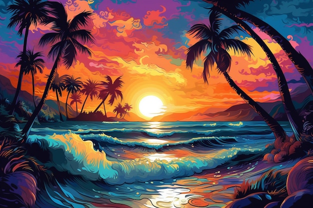Pintura de um pôr do sol com palmeiras e ondas generativas ai