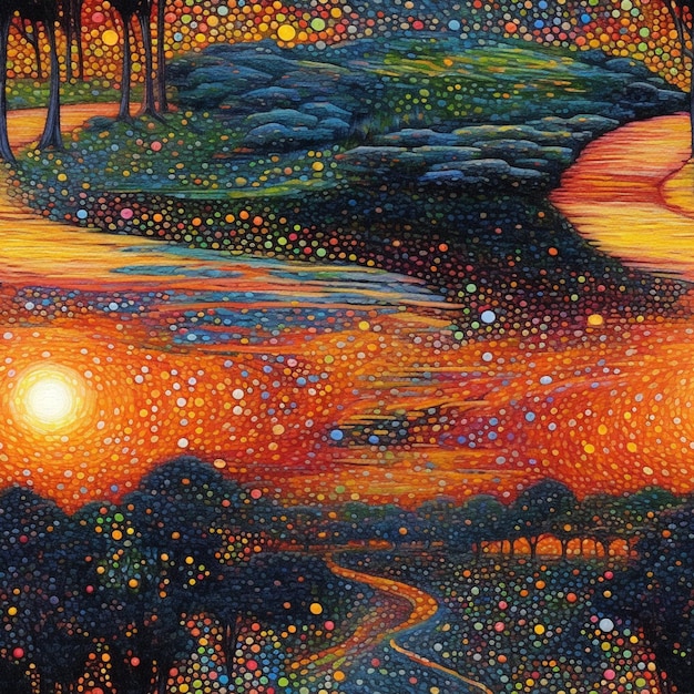 pintura de um pôr-do-sol com um caminho que leva a uma floresta generativa ai