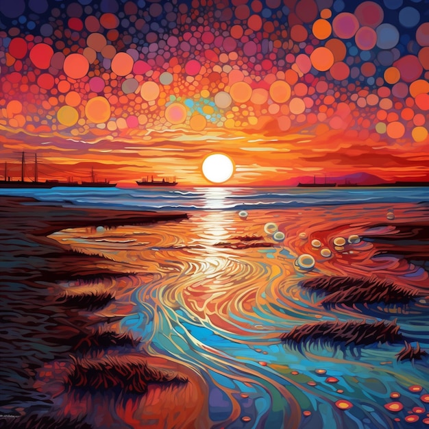 Pintura de um pôr do sol com um navio à distância e bolhas flutuando na água generativa ai