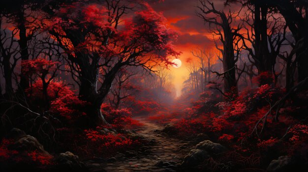 Pintura de um pôr-do-sol em uma floresta com folhas vermelhas