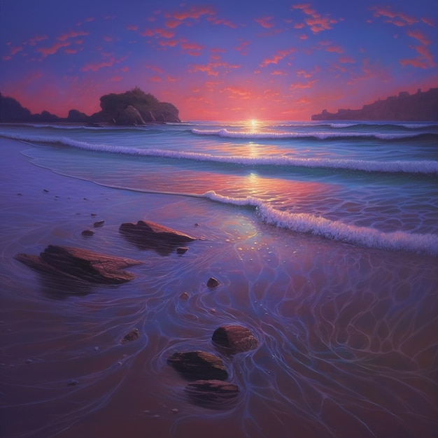 Foto pintura de um pôr-do-sol em uma praia com pedras na água