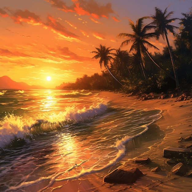pintura de um pôr-do-sol em uma praia tropical com palmeiras generativa ai