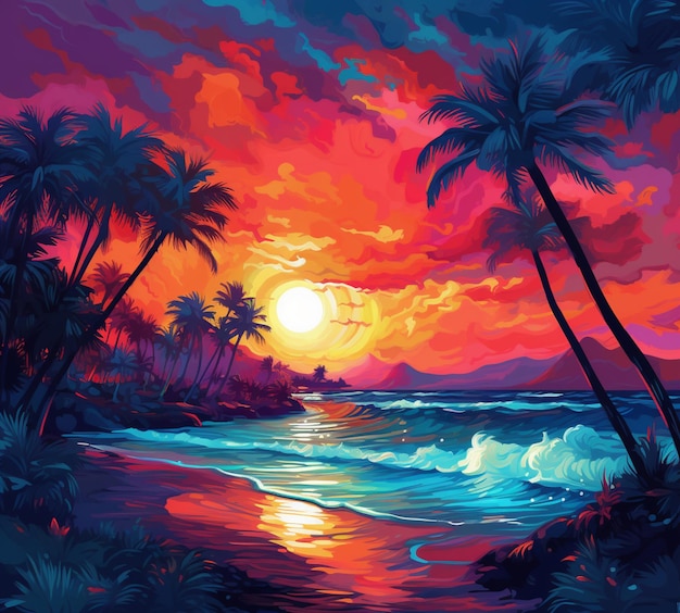 Pintura de um pôr do sol na praia com palmeiras e ondas generativas ai