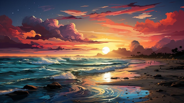 pintura de um pôr-do-sol numa praia com ondas a bater generativo ai