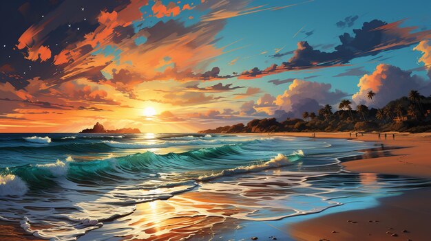 pintura de um pôr-do-sol numa praia com ondas a bater generativo ai