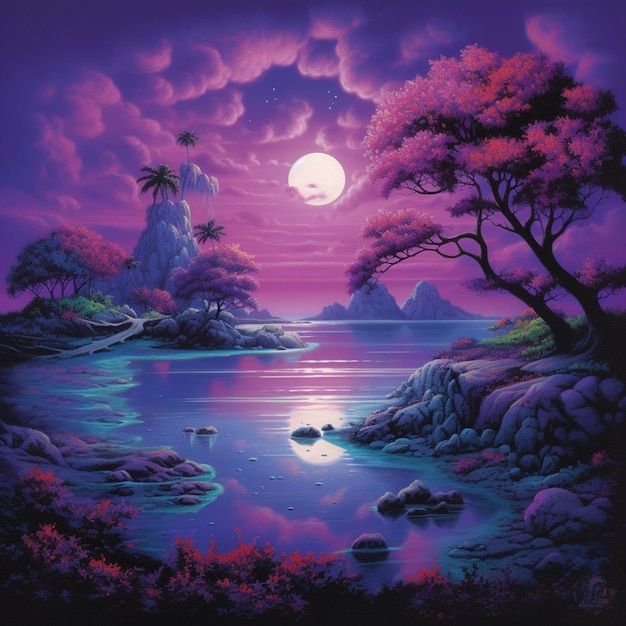 Pintura de um pôr-do-sol roxo com uma lua cheia sobre um lago generativo ai