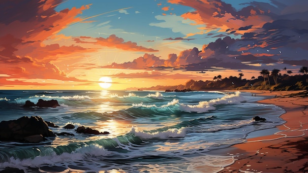 pintura de um pôr-do-sol sobre o oceano com ondas batendo generativo ai