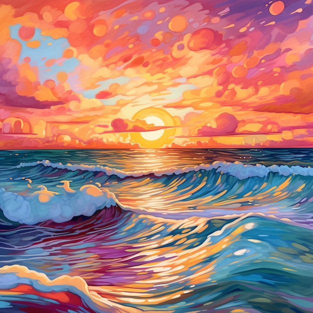 Pintura de um pôr do sol sobre o oceano com ondas generativas ai