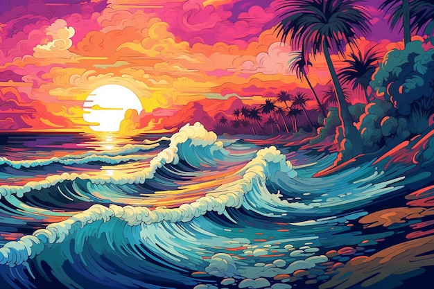 Pintura de um pôr do sol sobre o oceano com palmeiras e ondas generativas ai