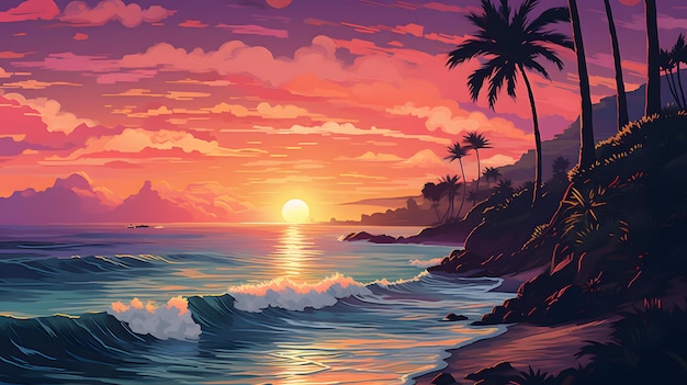 pintura de um pôr-do-sol sobre o oceano com palmeiras e ondas IA generativa