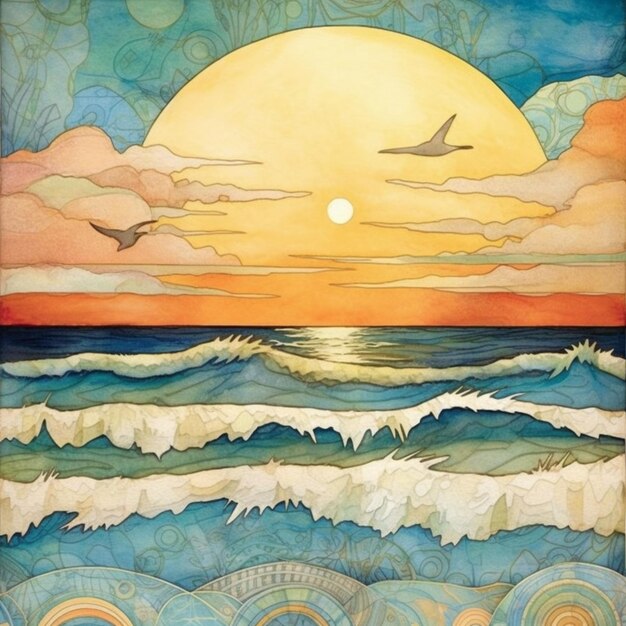 pintura de um pôr-do-sol sobre o oceano com pássaros voando sobre as ondas generativo ai