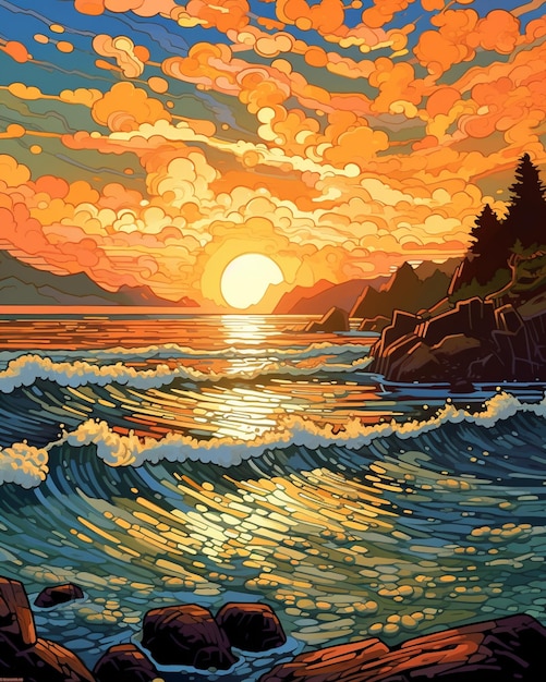pintura de um pôr do sol sobre o oceano com pedras e árvores geradoras de IA