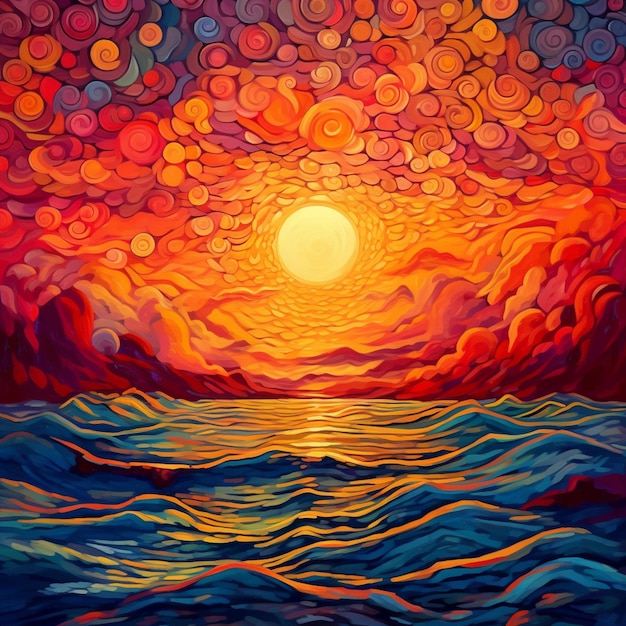 Pintura de um pôr do sol sobre o oceano com um céu laranja brilhante generativo ai