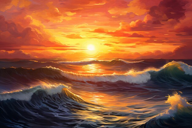 Pintura de um pôr-do-sol sobre o oceano