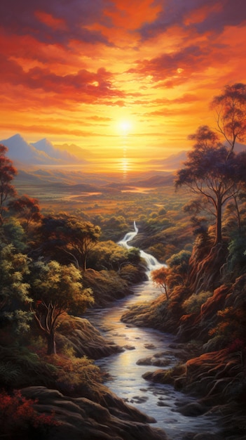 pintura de um pôr-do-sol sobre um rio com uma montanha no fundo