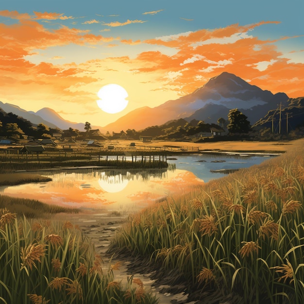 pintura de um pôr do sol sobre um rio com uma ponte e montanhas generativas ai