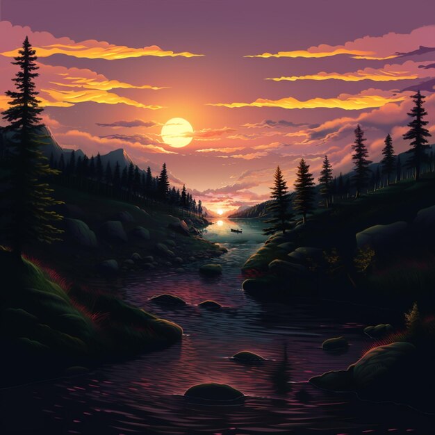 pintura de um pôr do sol sobre um rio de montanha com árvores e pedras geradoras de IA