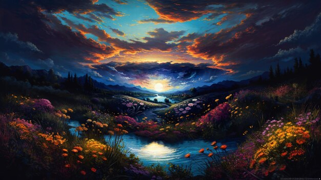 pintura de um pôr do sol sobre um vale de montanha com um rio generativo ai