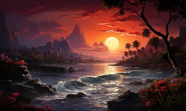 pintura de um pôr-do-sol sobre uma ilha tropical com um rio generativo ai