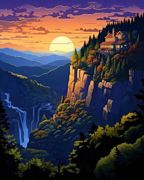 Foto pintura de um pôr-do-sol sobre uma montanha com uma cachoeira generativa ai