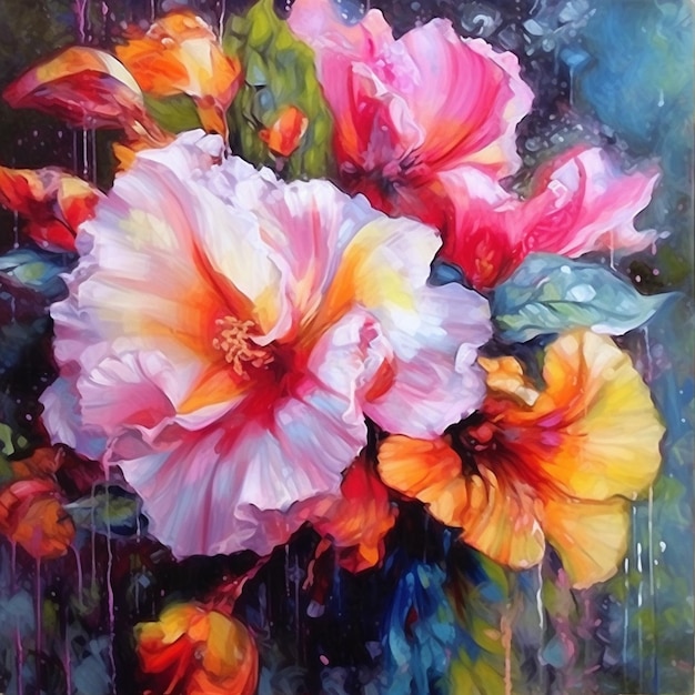 pintura de um ramo de flores com gotas de chuva sobre elas ai generativa