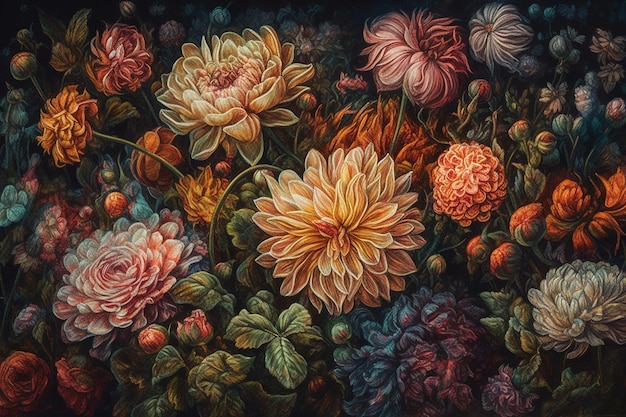 Pintura de um ramo de flores com um fundo preto generativo ai