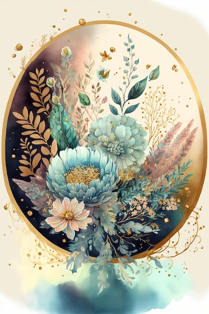 Pintura de um ramo de flores em um círculo generativo ai