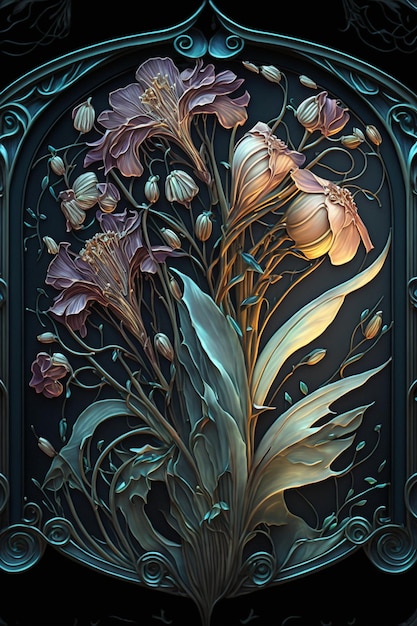 Pintura de um ramo de flores em um fundo preto generativo ai