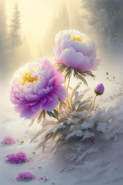 Pintura de um ramo de flores na neve generativa ai