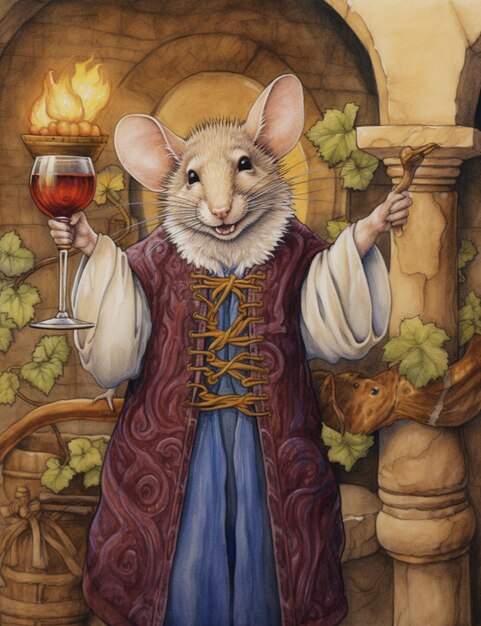 Foto pintura de um rato vestido com um traje medieval segurando um copo de vinho