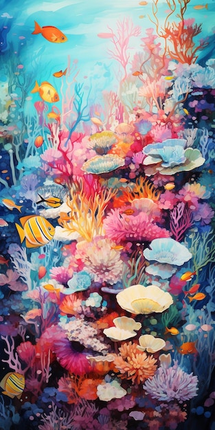 pintura de um recife de coral colorido com peixes e corais generativo ai