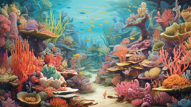 pintura de um recife de coral com peixes e corais generativos ai