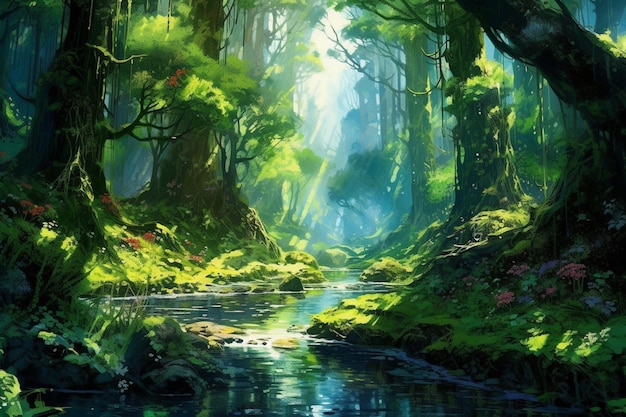 Pintura de um riacho em uma floresta com árvores e musgo generativo ai