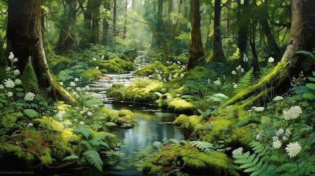 Pintura de um riacho em uma floresta com musgo e samambaias generativas ai