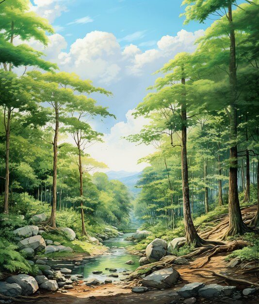 pintura de um riacho que atravessa uma floresta com pedras e árvores geradoras de IA