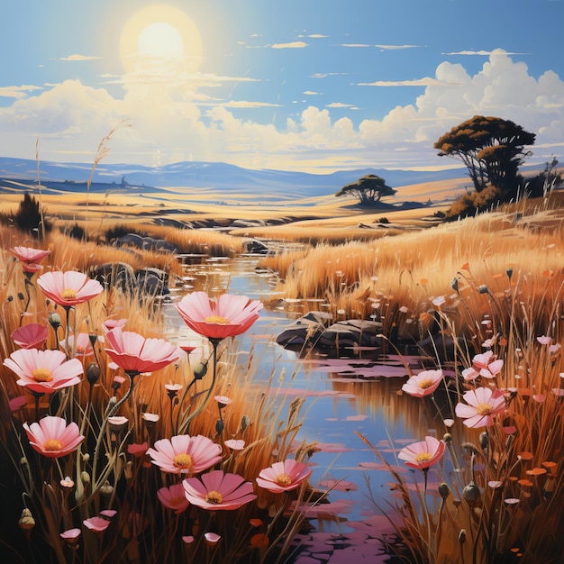 pintura de um rio com flores cor de rosa em um campo com um sol generativo ai