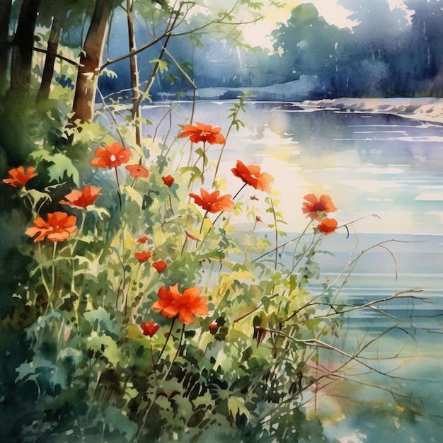 Pintura de um rio com flores vermelhas e folhas verdes