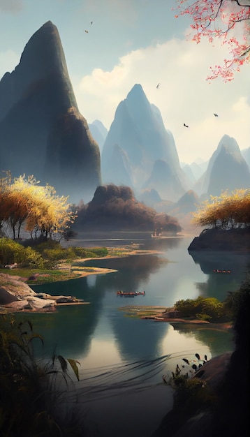 Pintura de um rio com montanhas ao fundo Generative Ai