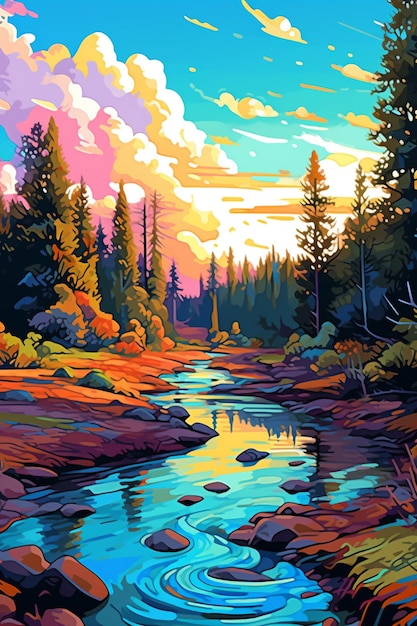 Pintura de um rio com pedras e árvores ao fundo generative ai