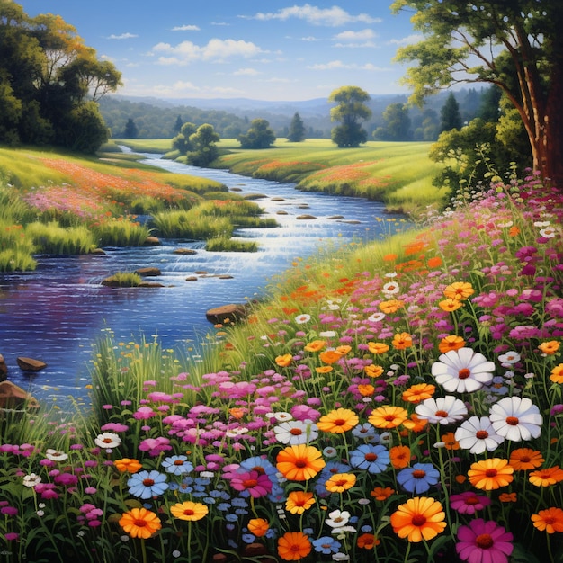 pintura de um rio com um pato e flores em primeiro plano ai generativa