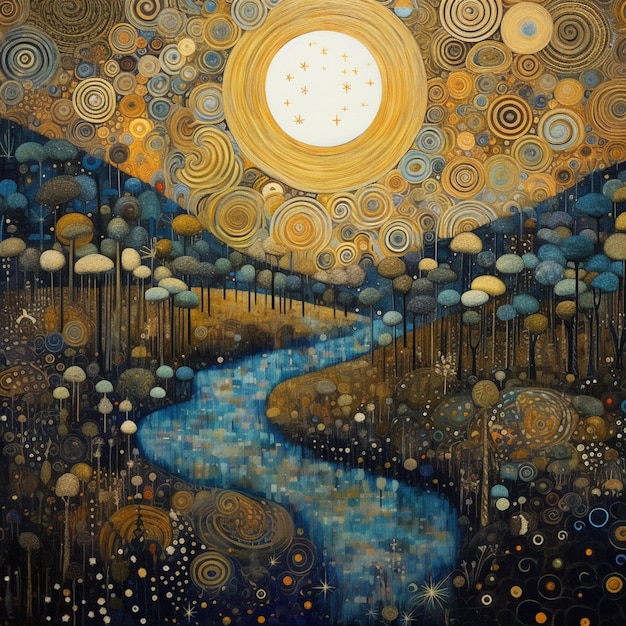 Pintura de um rio com uma lua e árvores ao fundo generative ai