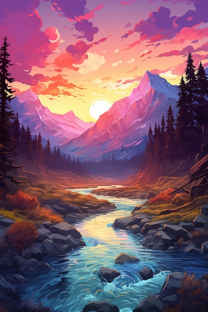 pintura de um rio de montanha com um pôr do sol ao fundo IA generativa