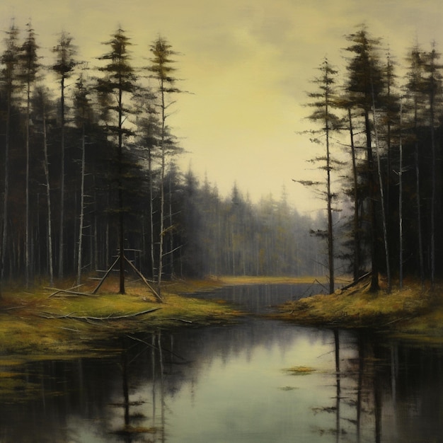 pintura de um rio em uma floresta com algumas árvores generativa ai
