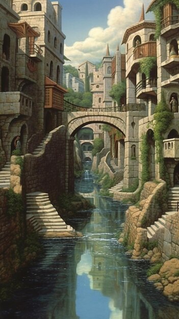 pintura de um rio que atravessa uma cidade com uma ponte generativa ai