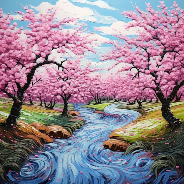 pintura de um rio que atravessa uma floresta verde exuberante com flores cor-de-rosa