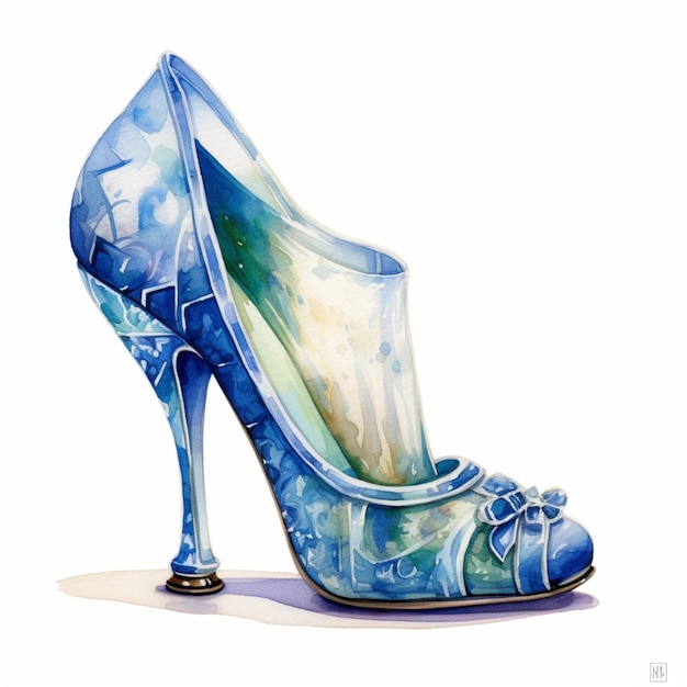 Pintura de um sapato de salto alto azul com um laço no lado generativo ai